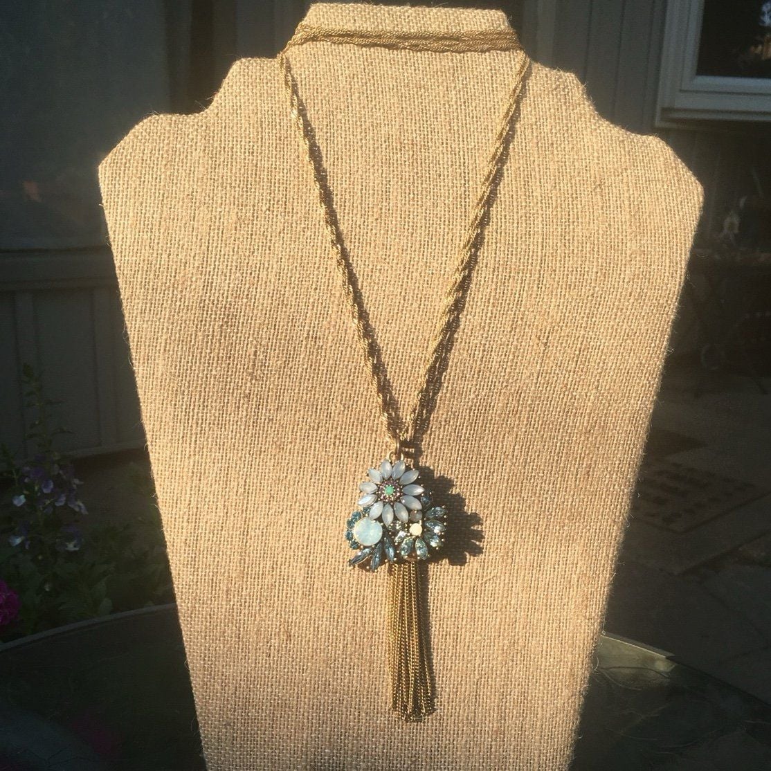 Flower Pendant Tassel Necklace Set- Light Blue & Turquoise 7