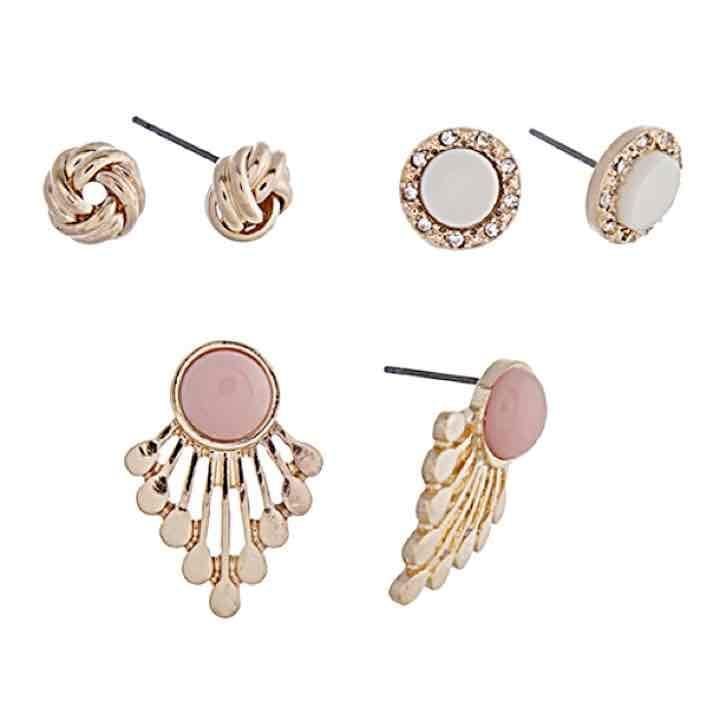Gold Tone Fan/Knot/Button Earring Trio- Rose Quartz 1