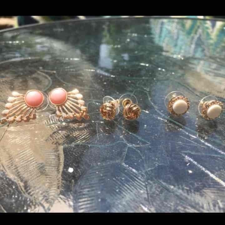 Gold Tone Fan/Knot/Button Earring Trio- Rose Quartz 2