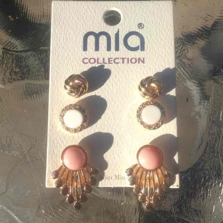 Gold Tone Fan/Knot/Button Earring Trio- Rose Quartz 3