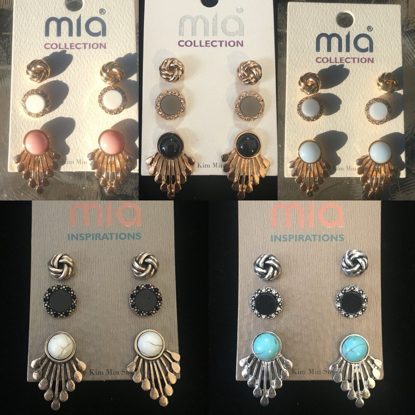 Gold Tone Fan/Knot/Button Earring Trio- Rose Quartz 4