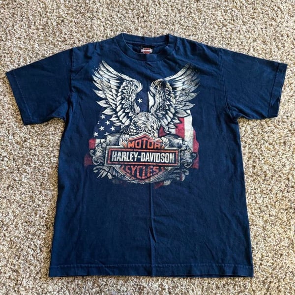 Harley-Davidson Eagle American Flag T-Shirt Medium Navy Made in USA