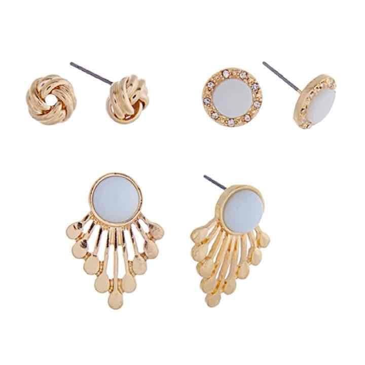 Gold Tone Fan/Knot/Button Earring Trio- Serenity Blue 1