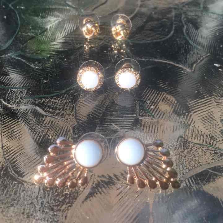 Gold Tone Fan/Knot/Button Earring Trio- Serenity Blue 2