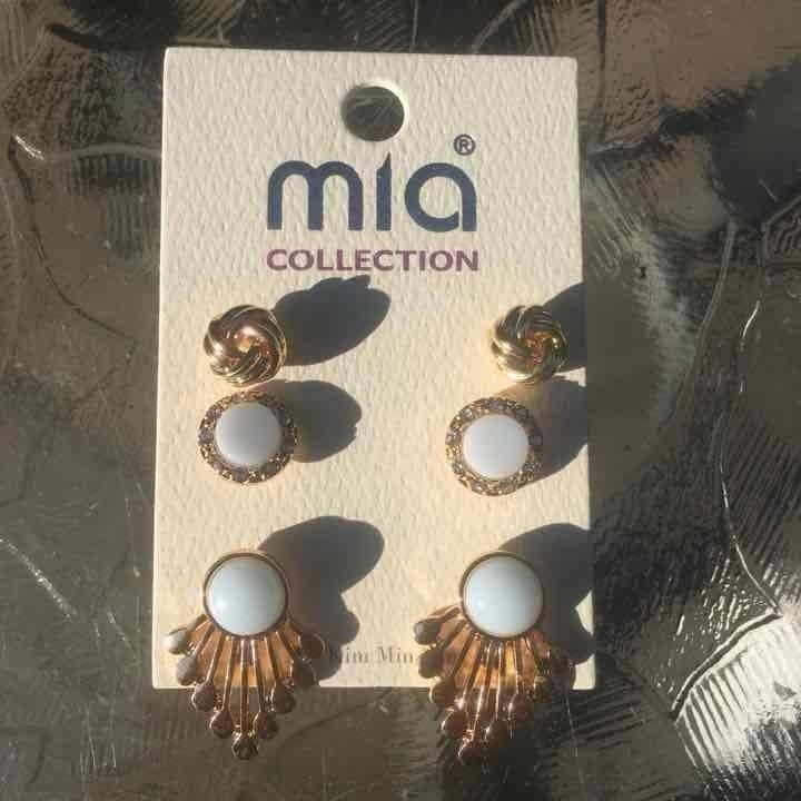 Gold Tone Fan/Knot/Button Earring Trio- Serenity Blue 3
