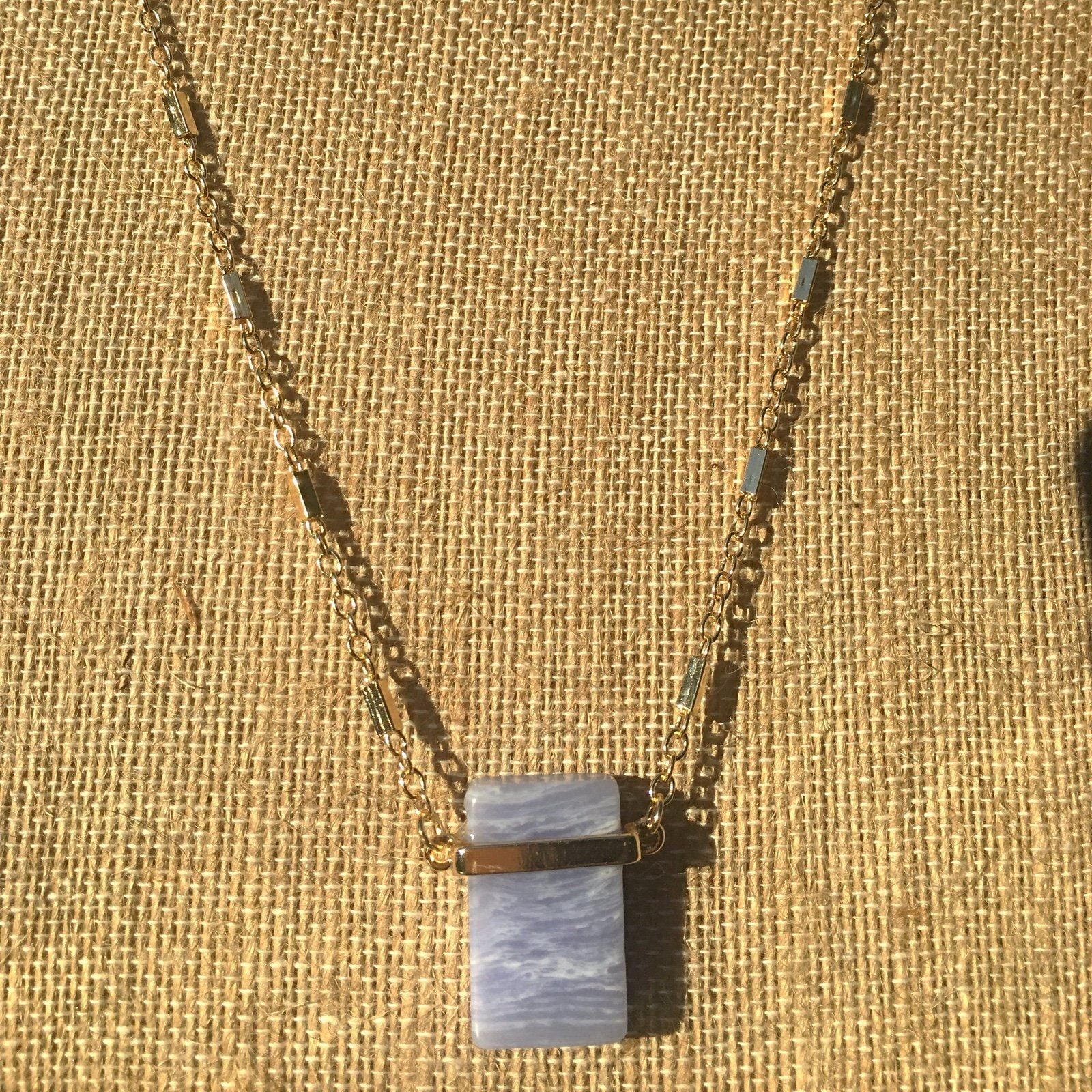 Gold Tone Rectangular Pendant Necklace- Serenity Blue 7