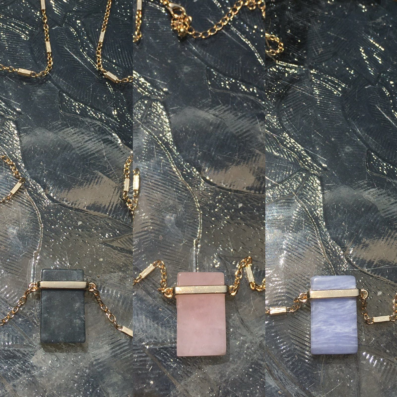 Gold Tone Rectangular Pendant Necklace- Serenity Blue 10