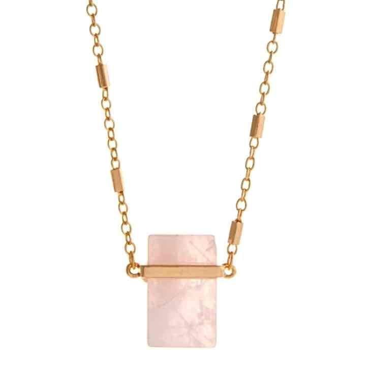 Gold Tone Rectangular Pendant Necklace- Rose Quartz 7