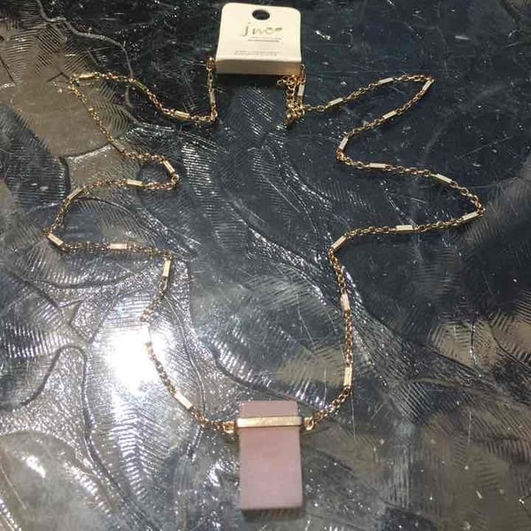 Gold Tone Rectangular Pendant Necklace- Rose Quartz