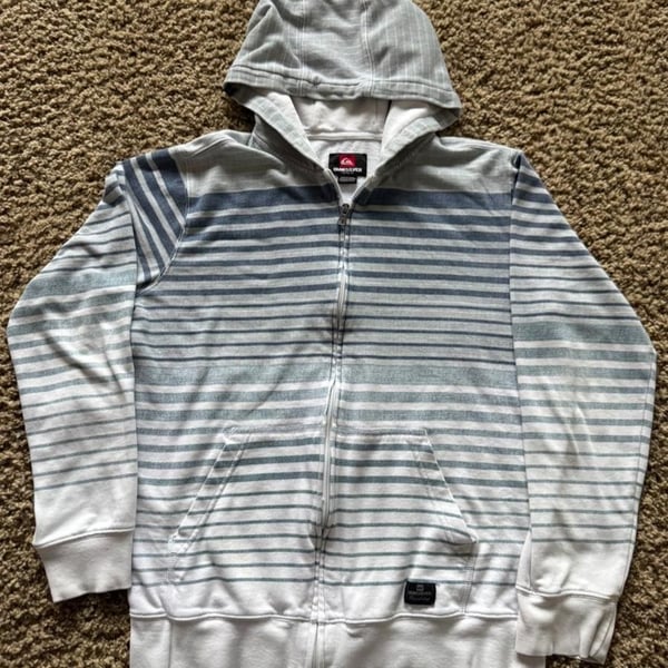 Quiksilver Striped Zip Up Hoodie Size M Blue White Surf Skate