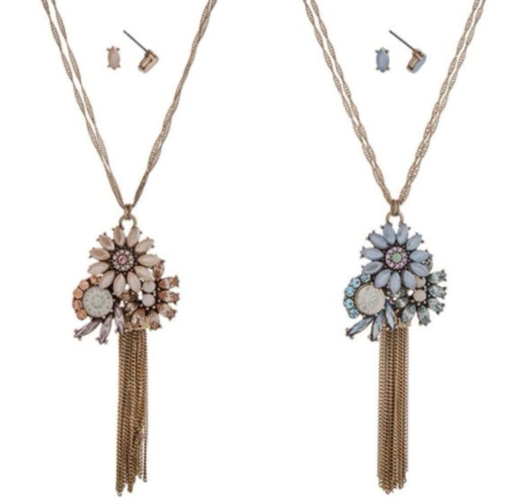 Flower Pendant Tassel Necklace Set- Blush & Pink 9