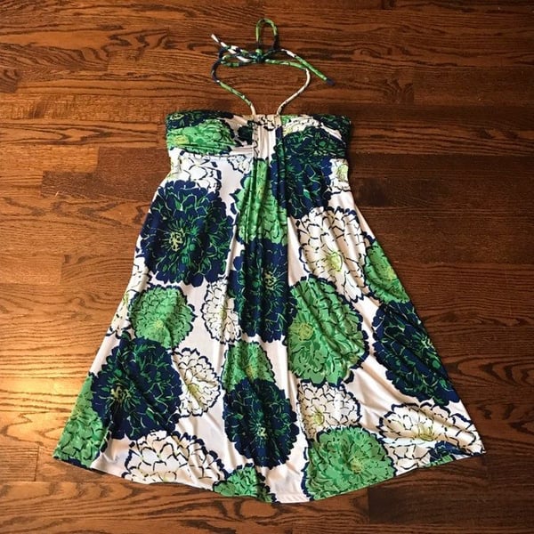 Navy & Green Floral Print Halter Dress
