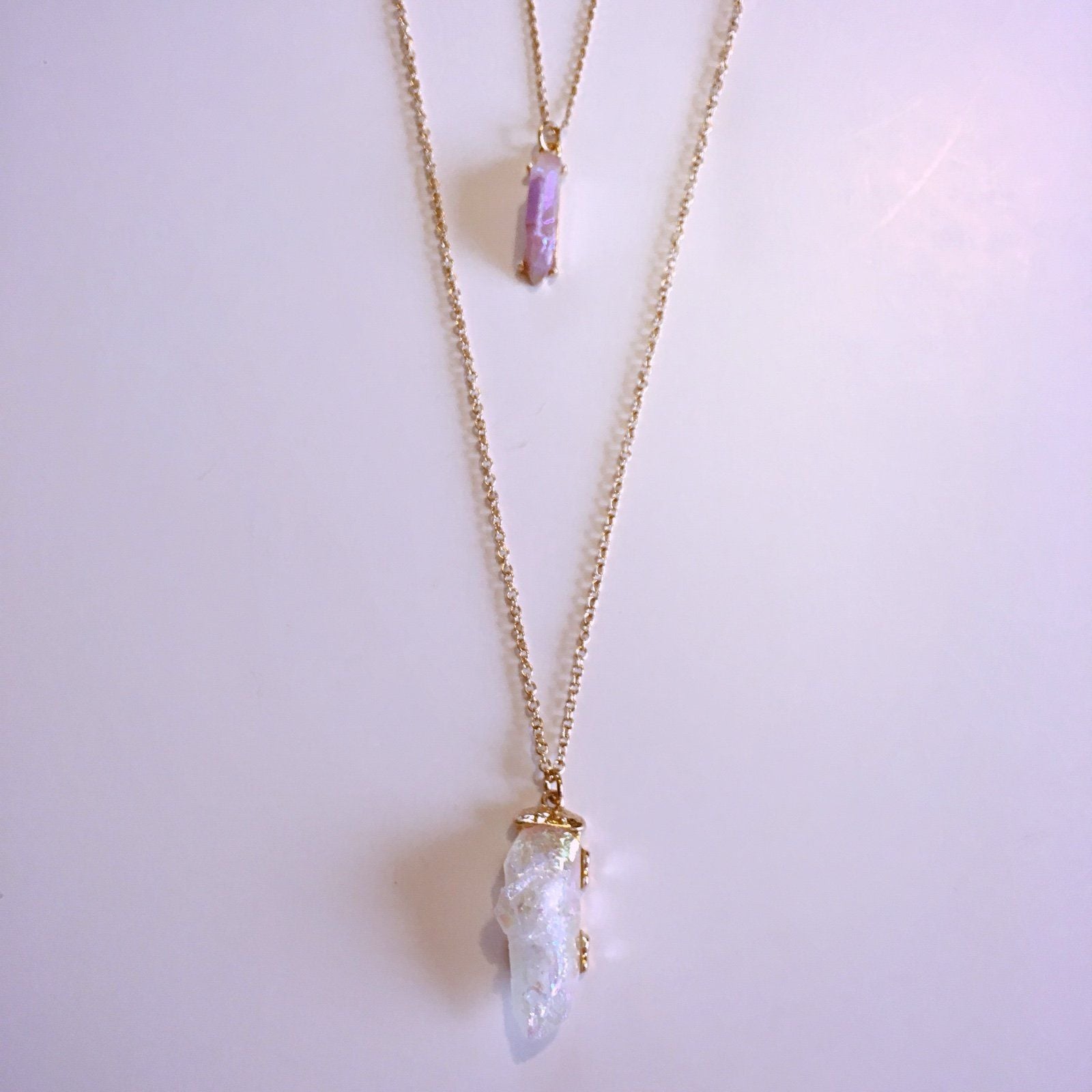Layered Rough Rock Pendant Necklace Set- Lavender & White 1