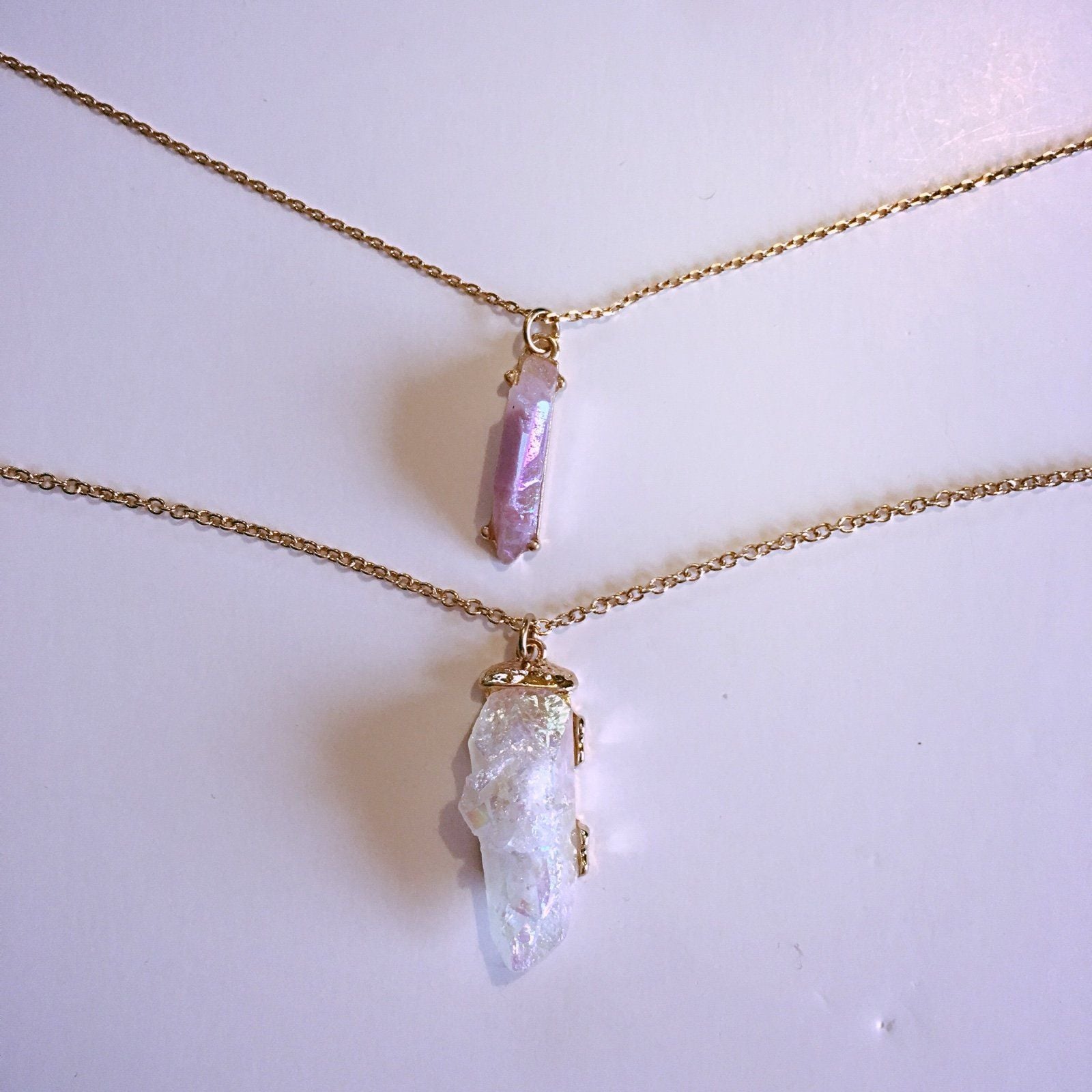 Layered Rough Rock Pendant Necklace Set- Lavender & White 2