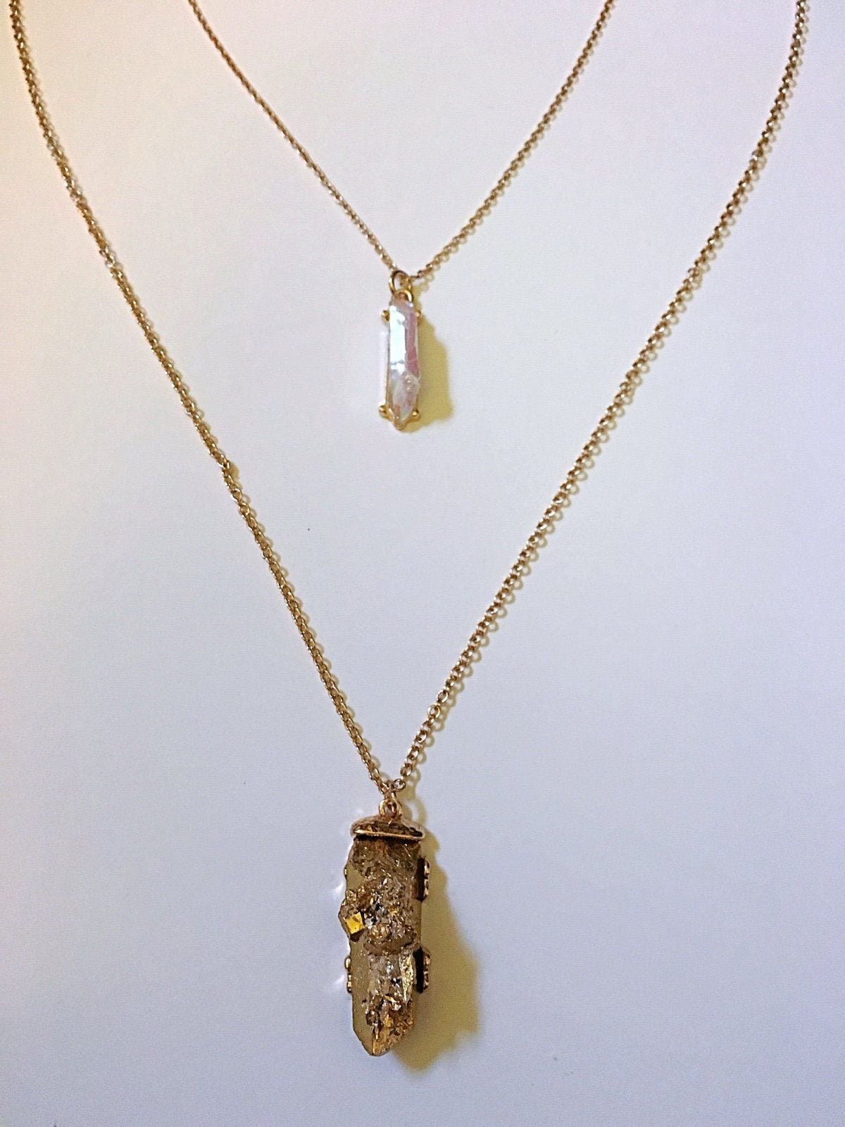 Layered Rough Rock Pendant Necklace Set- Gold & White 1