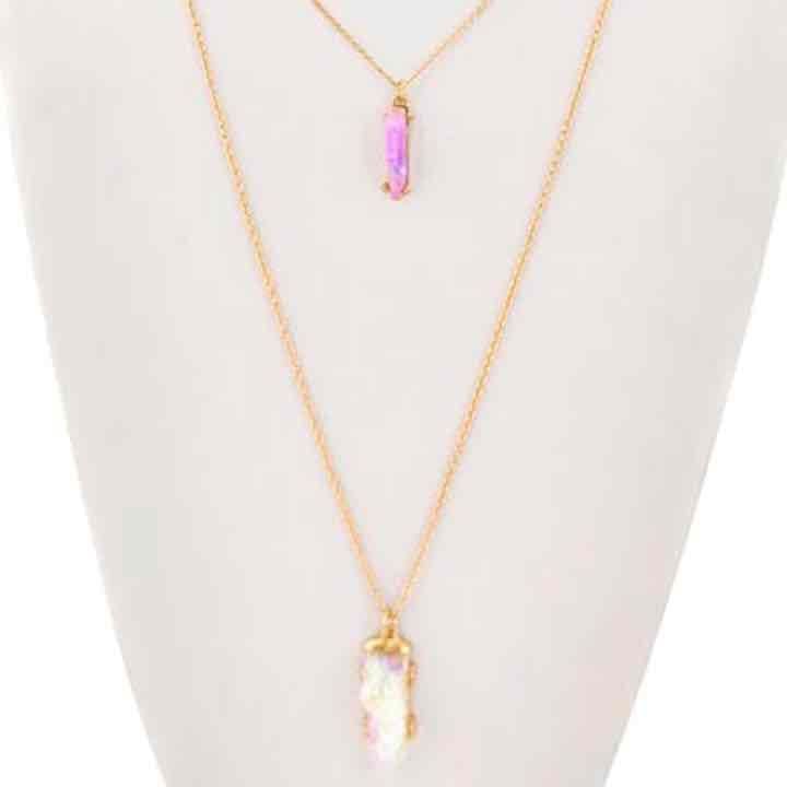 Layered Rough Rock Pendant Necklace Set- Lavender & White 6