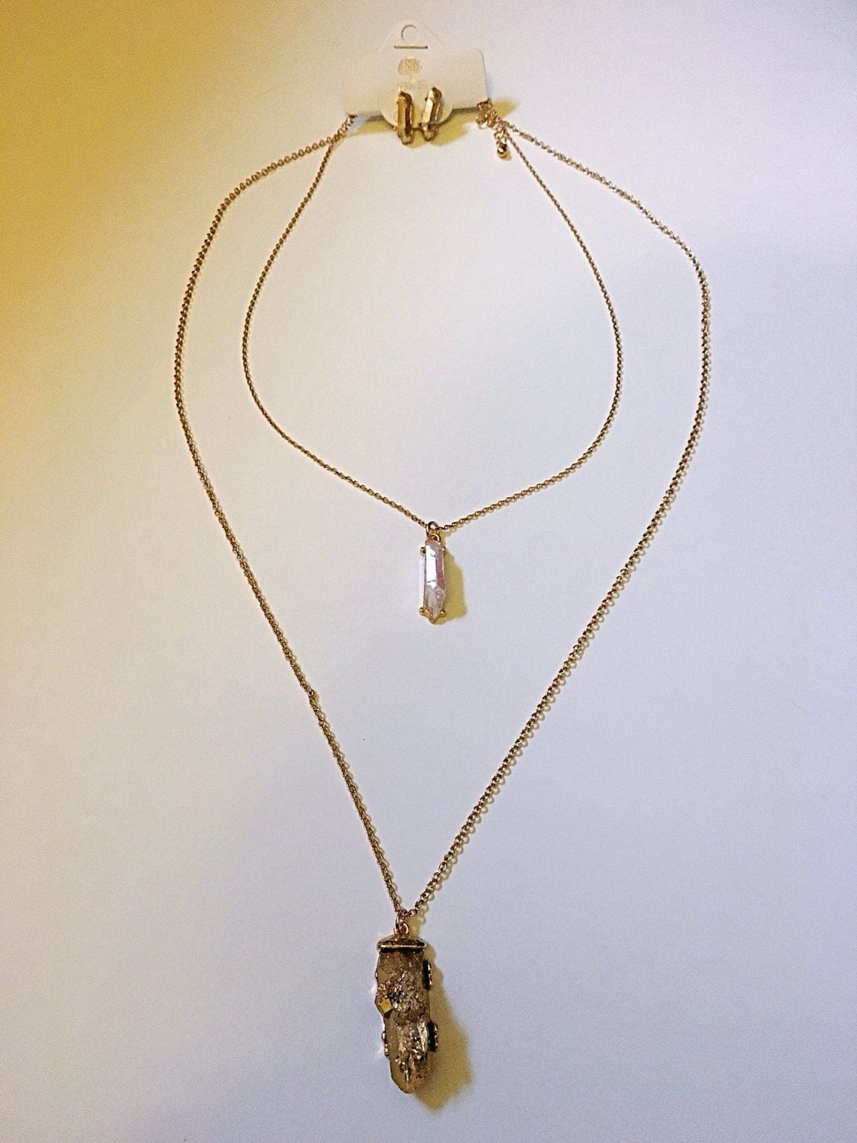 Layered Rough Rock Pendant Necklace Set- Gold & White 2