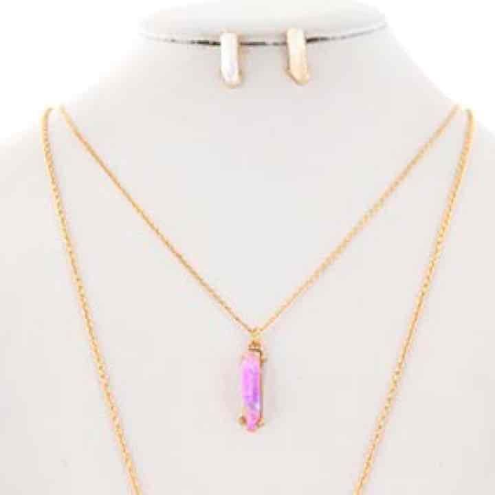 Layered Rough Rock Pendant Necklace Set- Lavender & White 7