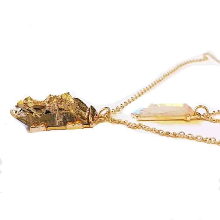 Layered Rough Rock Pendant Necklace Set- Gold & White 3
