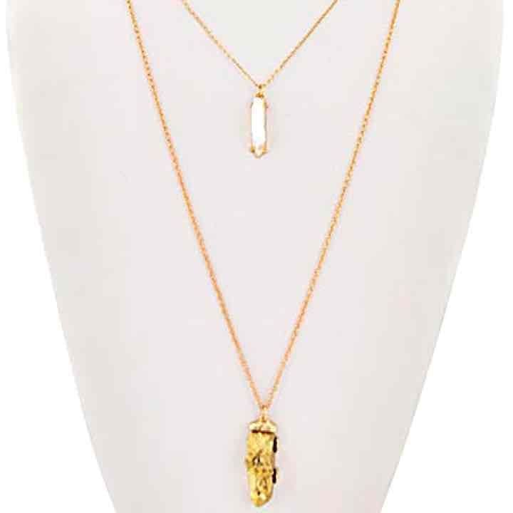 Layered Rough Rock Pendant Necklace Set- Gold & White 6