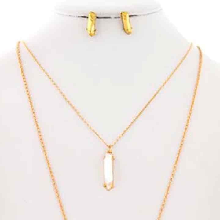 Layered Rough Rock Pendant Necklace Set- Gold & White 7