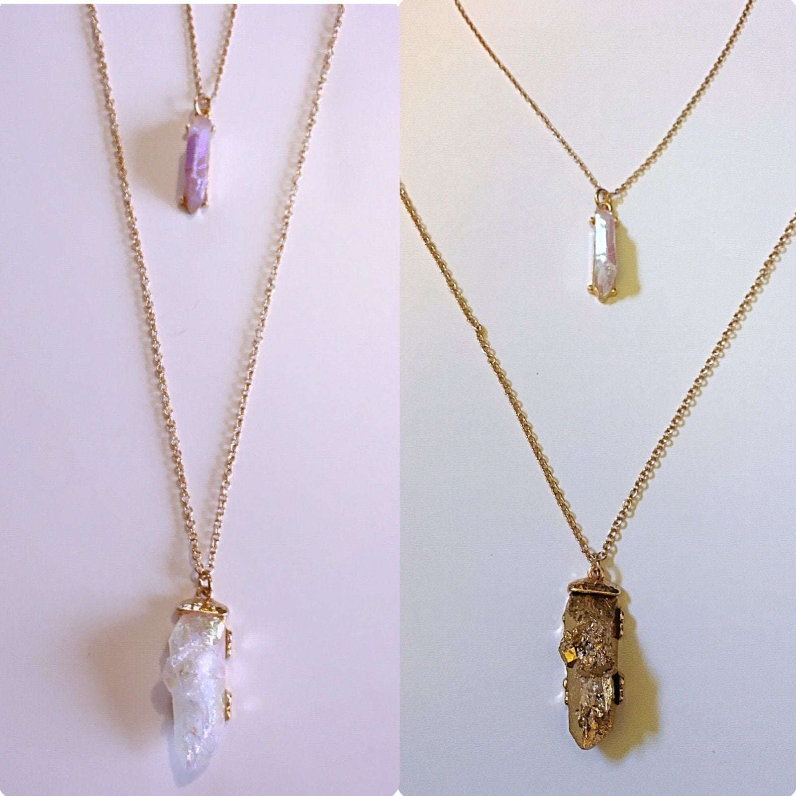 Layered Rough Rock Pendant Necklace Set- Gold & White 8