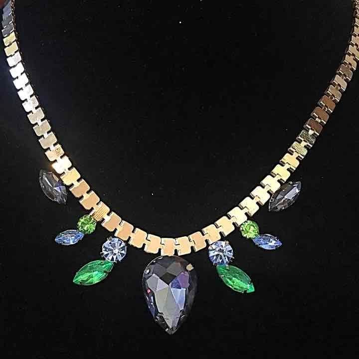 Gold Tone Blue/Green/Gray Gem Necklace 2
