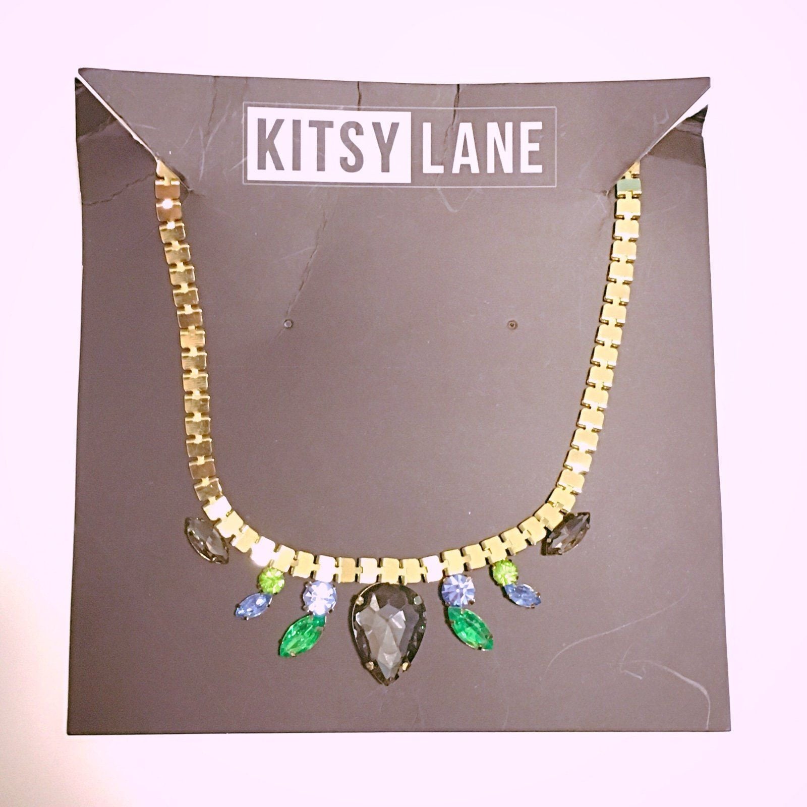 Gold Tone Blue/Green/Gray Gem Necklace 6
