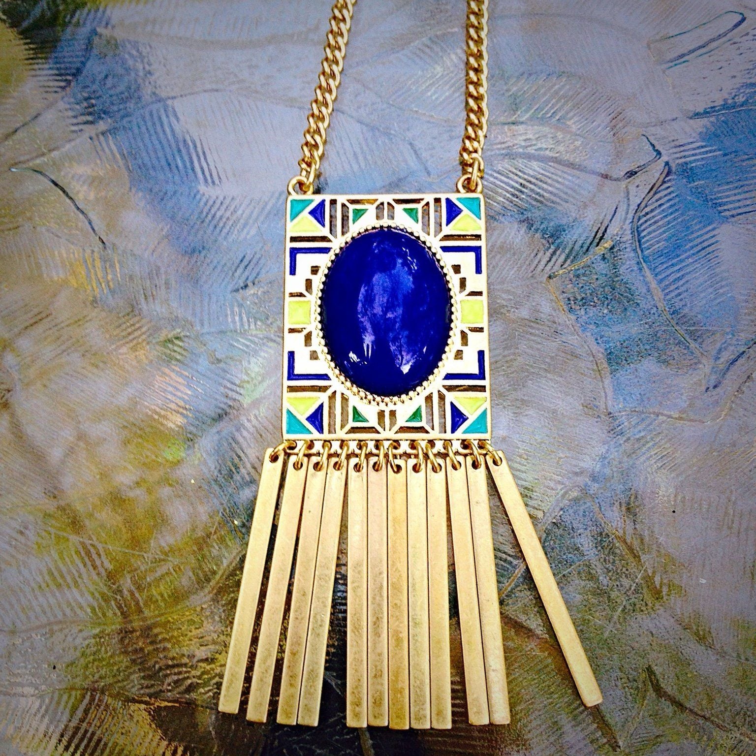 Blue/Green/Yellow/Gold Tribal Necklace 9