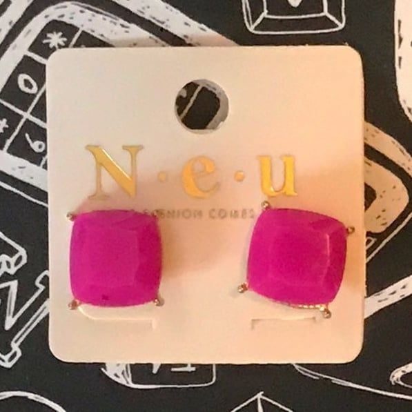 Gold Tone Square Post Earrings- Magenta 5
