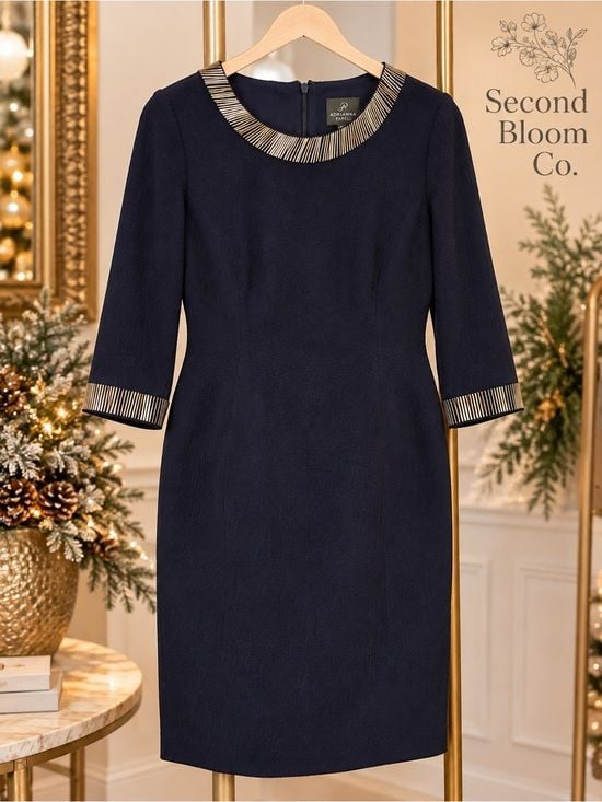 Adrianna Papell Navy Embellished Neckline Sheath Dress Size 10 4