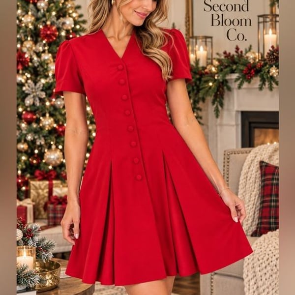 Warren Petites Red Button Front Fit & Flare Dress Size 8