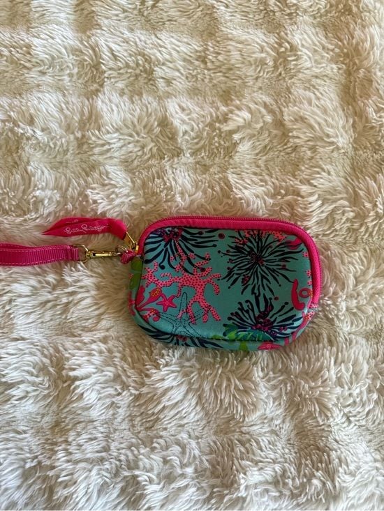 Lilly Pulitzer Teal & Hot Pink Floral Wristlet Key Pouch 2