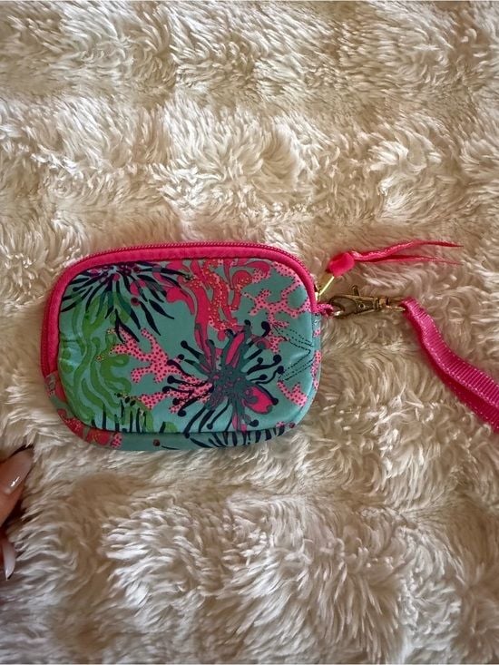 Lilly Pulitzer Teal & Hot Pink Floral Wristlet Key Pouch 3