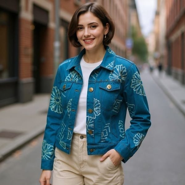 Multiples Turquoise Embroidered Denim Style Jacket with Stud Accents Size SP