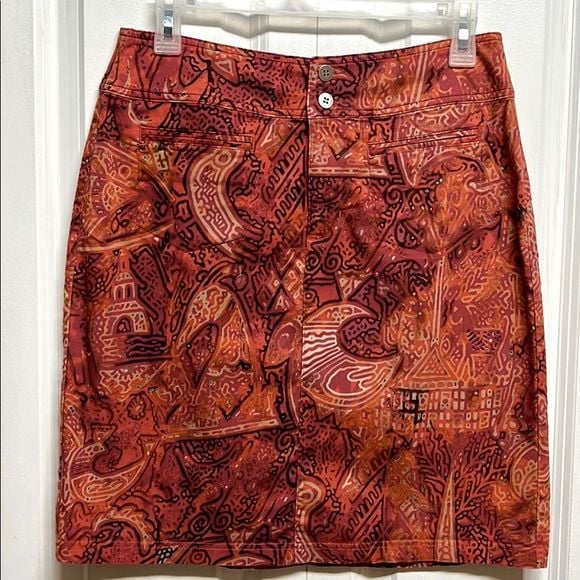Chico’s Multi Color Retro Print Cotton Stretch Pocket Pencil Skirt Size 1 / M 2