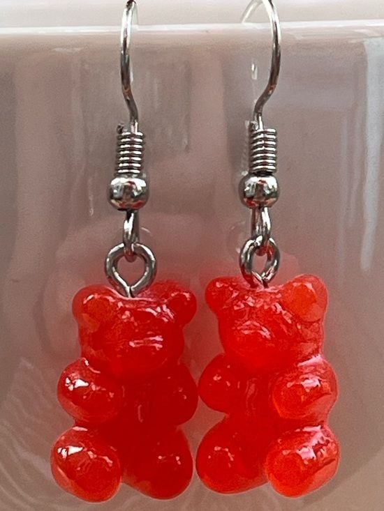 🧸 Red Orange Gummy Bear Dangle Earrings 2