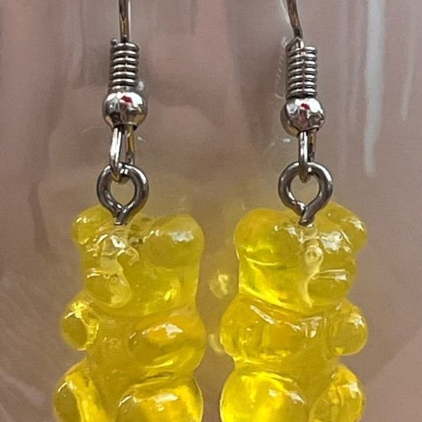 🧸 Bright Yellow Gummy Bear Dangle Earrings