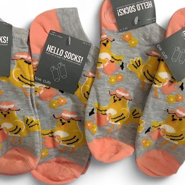 Hello Socks! Low Cut Socks Size 4-10 Gray Yellow Duck New