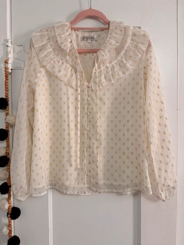 Joy Joy Gold Dot Ruffle Collar Blouse Size S 2