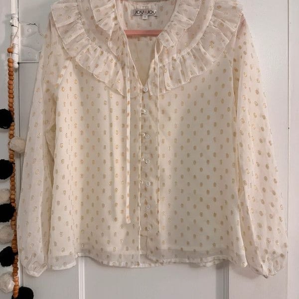 Joy Joy Gold Dot Ruffle Collar Blouse Size S