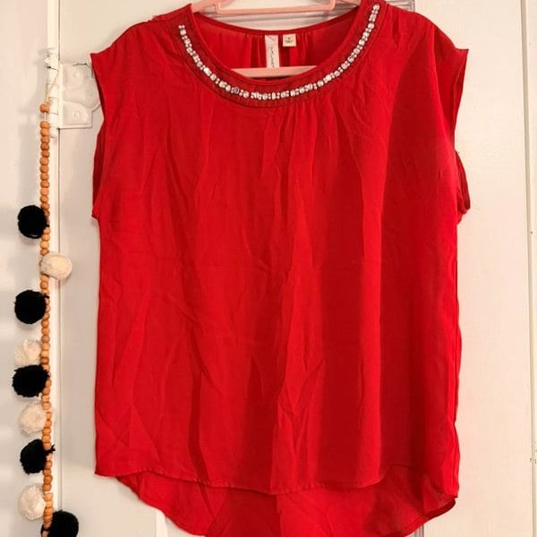 Tacera Red Embellished Neck Blouse Size S
