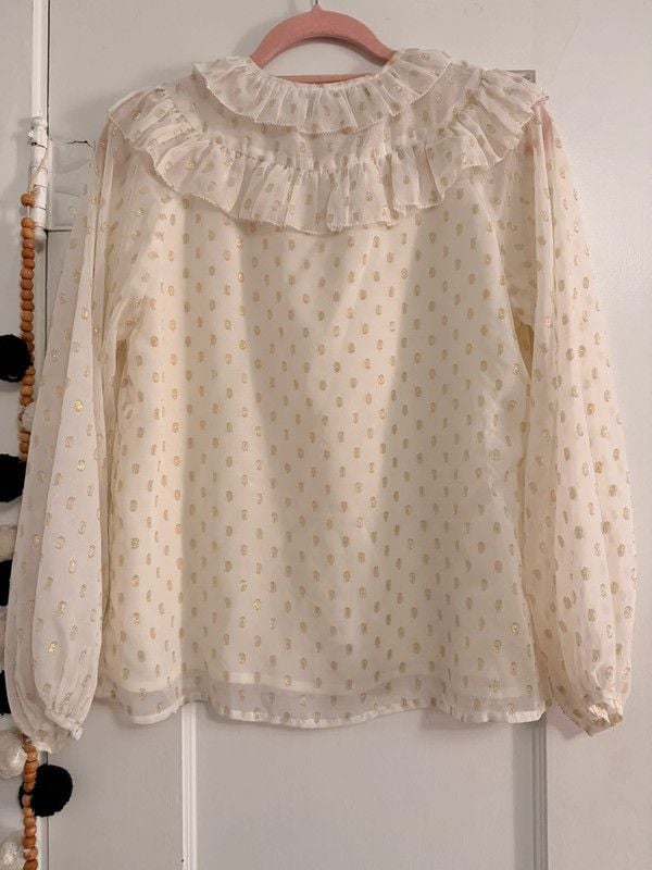 Joy Joy Gold Dot Ruffle Collar Blouse Size S 4