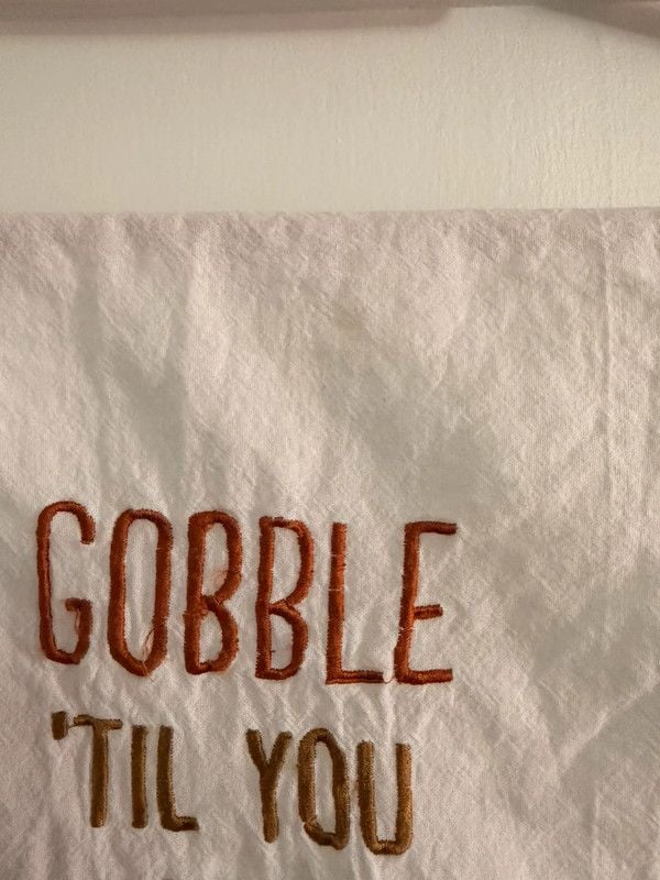 White Embroidered “Gobble Til You Wobble” Sloth Tea Towel 3