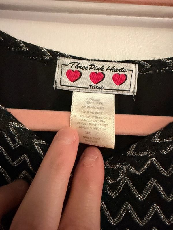 Three Pink Hearts Black Sparkly Silver Button Back Top Size L 6