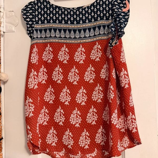 LOFT M Rust Navy Floral Print Blouse