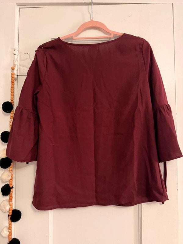 Time and True Burgundy Ruffle Sleeve Top Size S 3