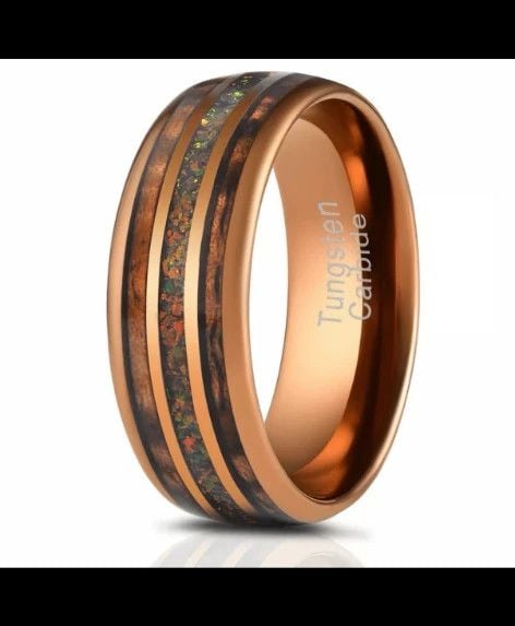 Dionysus Hawaiian Koa Wood & Rasta Opal Rose Gold Tungsten Ring Size 9 -New 6