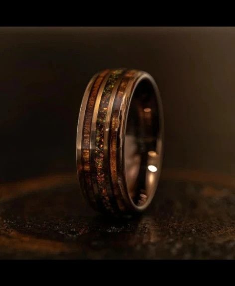 Dionysus Hawaiian Koa Wood & Rasta Opal Rose Gold Tungsten Ring Size 9 -New 7