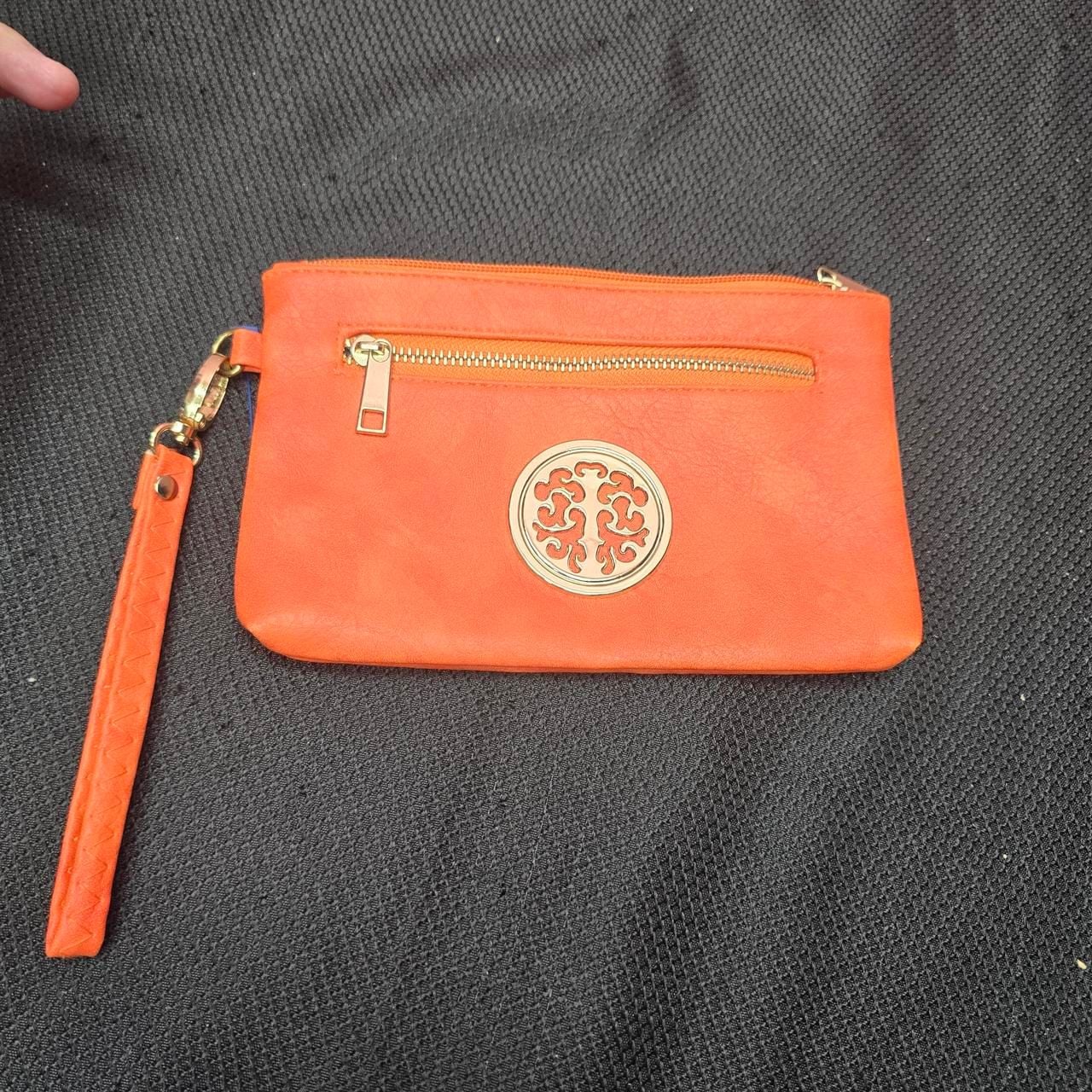Orange Wristlet Bag with Gold Medallion Accent 2